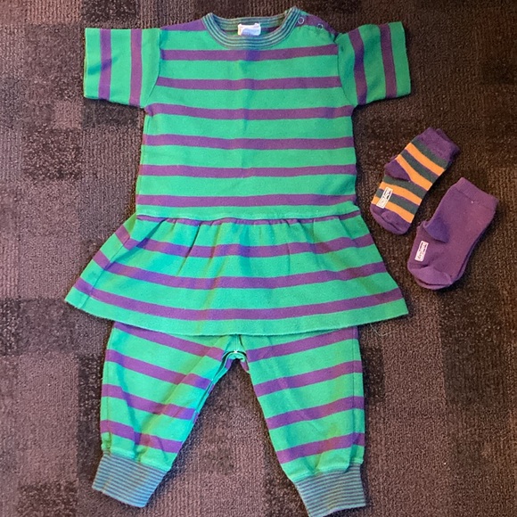 Vintage Baby Gap 6-piece Dress Pants Socks Shoes Striped Green & Purple 12-18 m - Picture 2 of 16